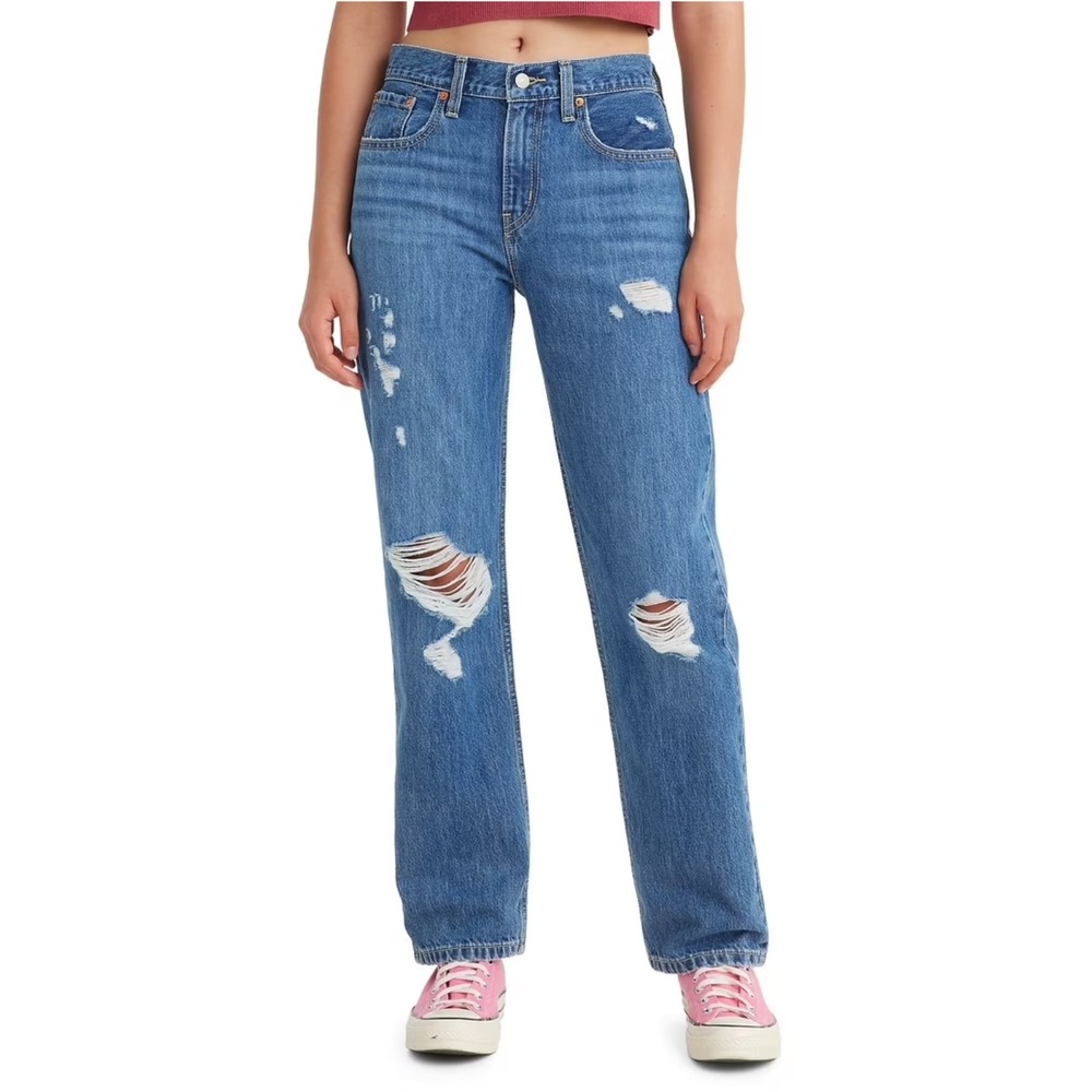 Levis Jeans Womens 25 Blue Low Pro Distressed Ripped Straight Leg Denim NWT